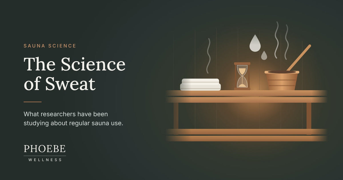 The Science of Sweat: illustrated sauna bench with towel, sand timer, copper bucket and rising steam