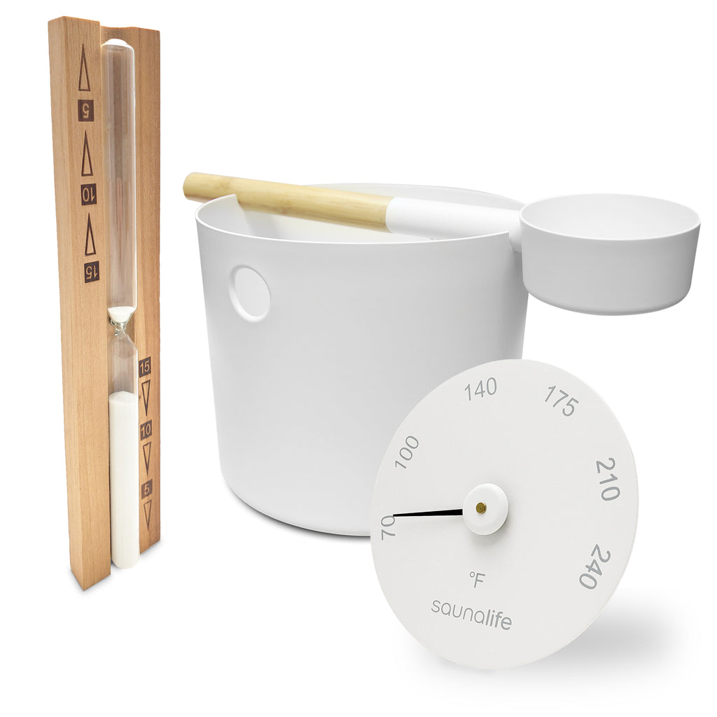 SaunaLife Essentials Set 2 aluminum sauna bucket, ladle and sand timer