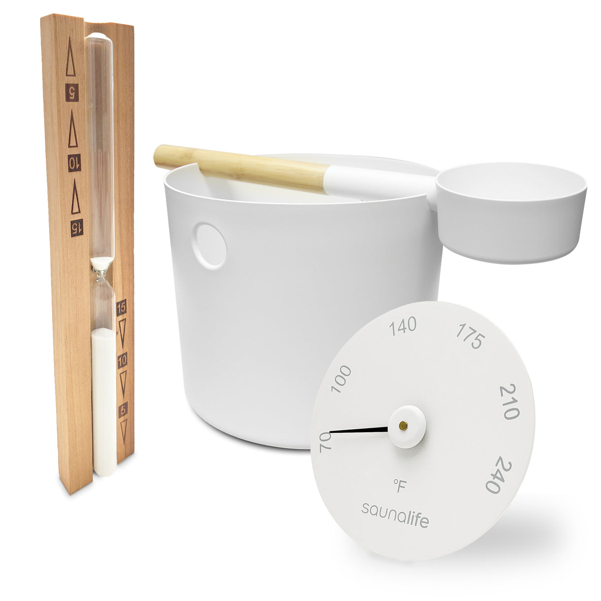 SaunaLife Essentials Set 2 aluminum sauna bucket, ladle and sand timer