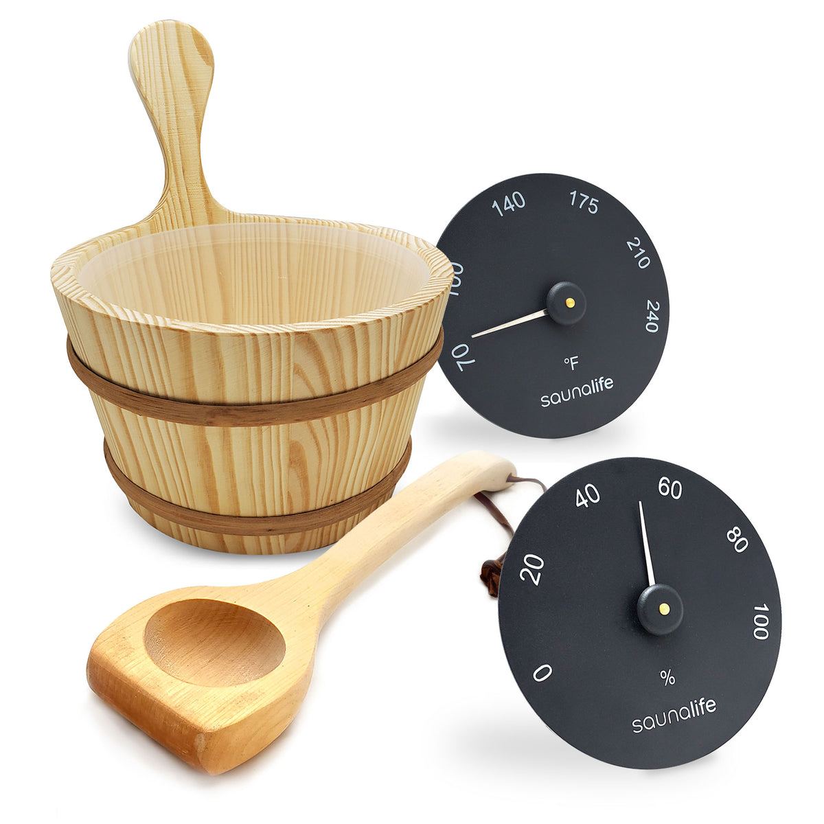SaunaLife Essentials Set 3 wood sauna bucket and ladle with thermometer and hygrometer