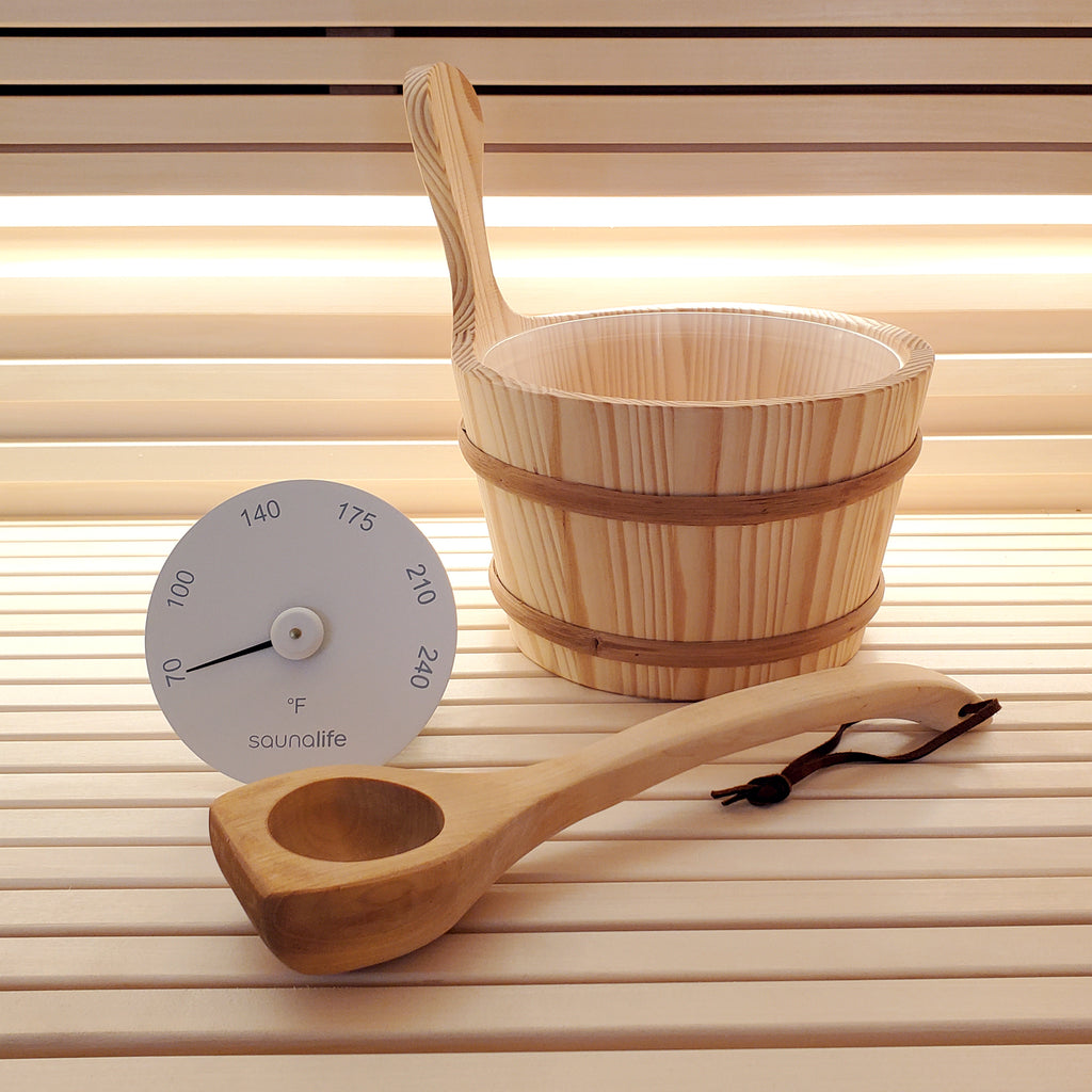 SaunaLife Essentials Set 4 wood sauna bucket and ladle with thermometer, White