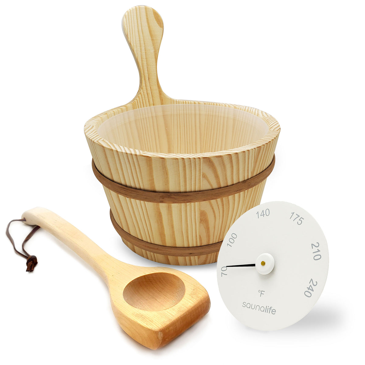 SaunaLife Essentials Set 4 wood sauna bucket and ladle with thermometer