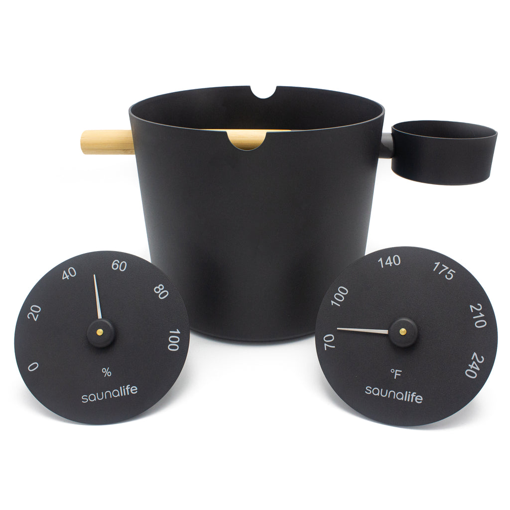 SaunaLife Essentials Set 5 aluminum sauna bucket and ladle with thermometer and hygrometer