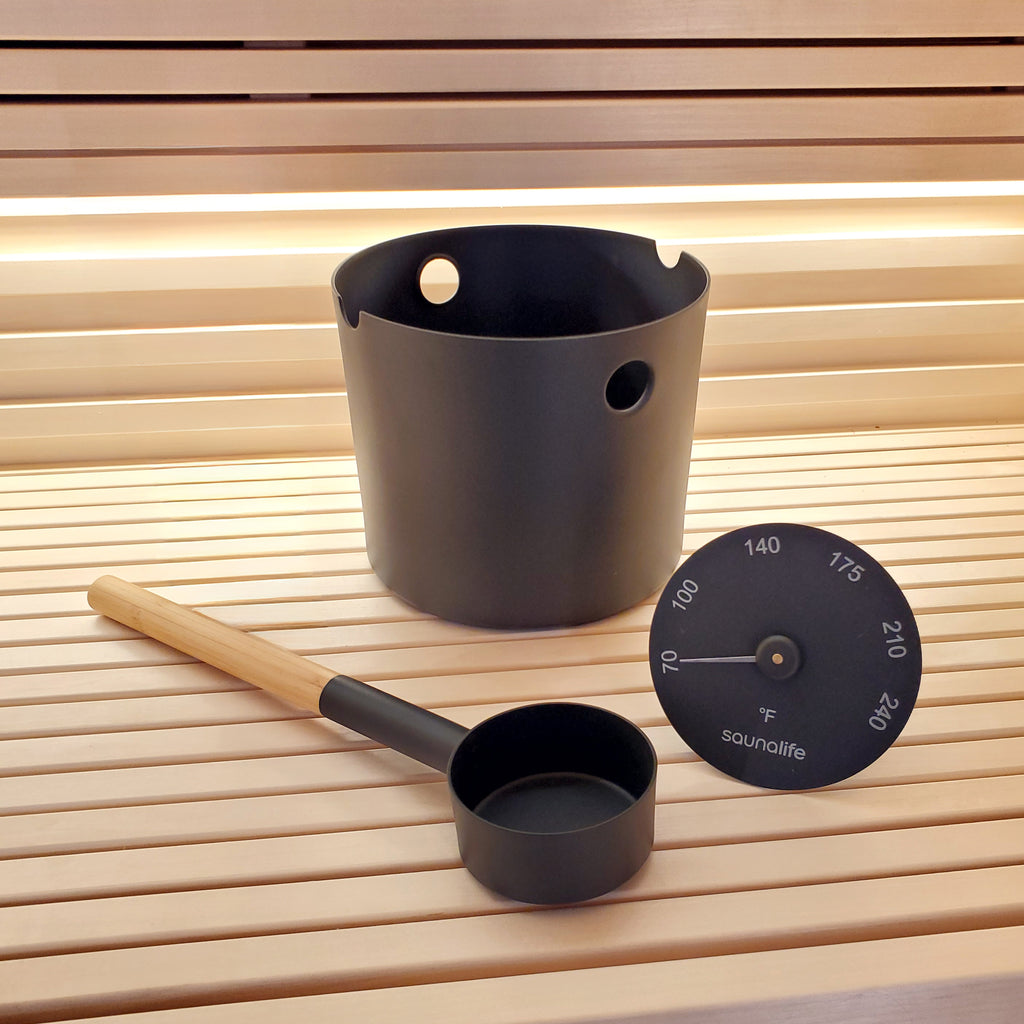 SaunaLife Essentials Set 6 aluminum sauna bucket and ladle with thermometer, Black