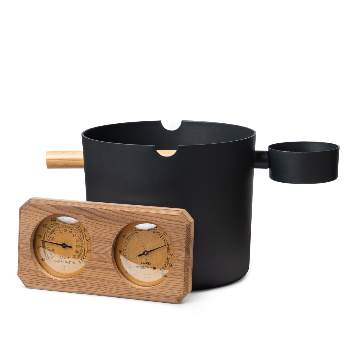 SaunaLife Essentials Set 7 aluminum sauna bucket and ladle with wood thermometer and hygrometer, Black