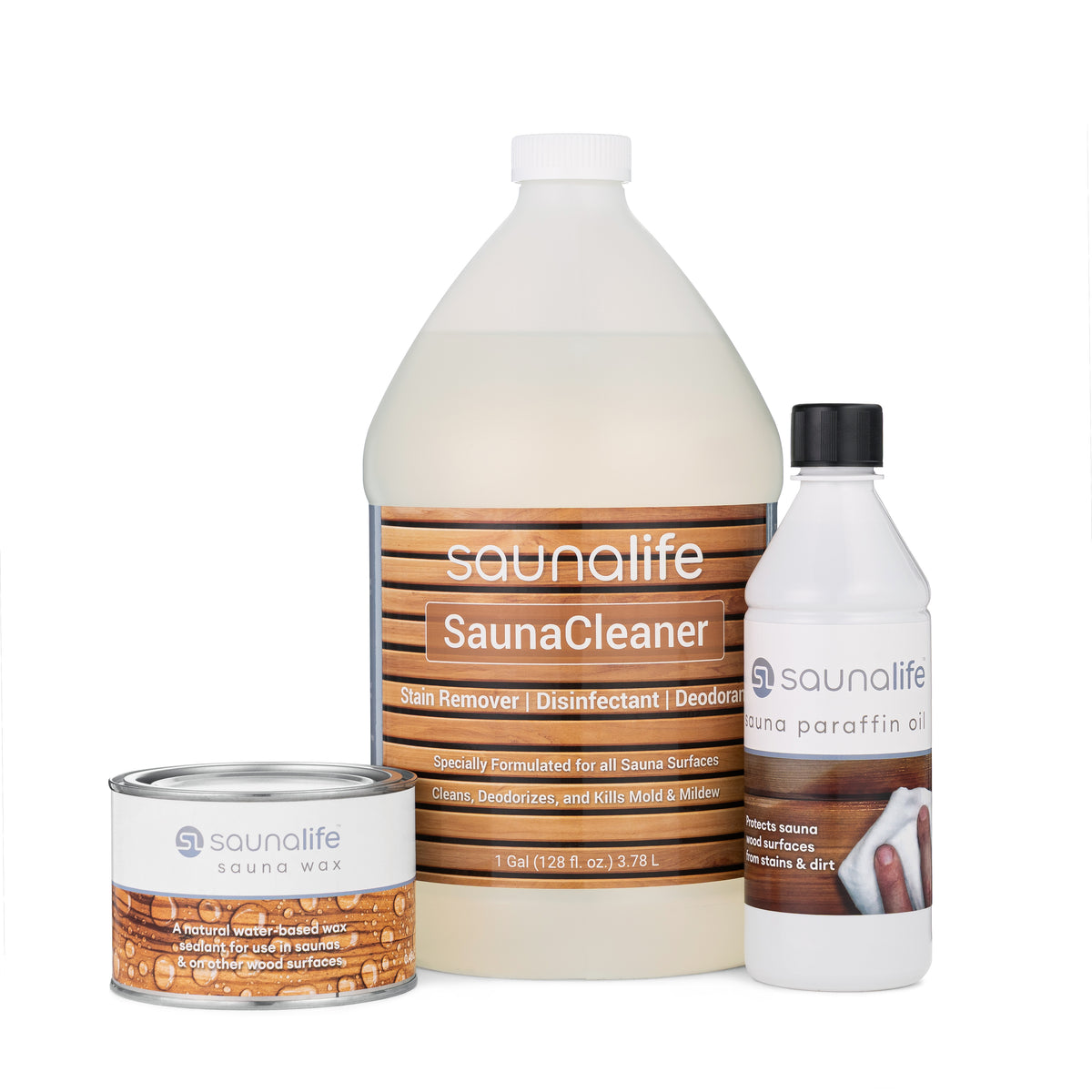 SaunaLife sauna care package: sauna wax, paraffin oil and 1-gallon sauna cleaner