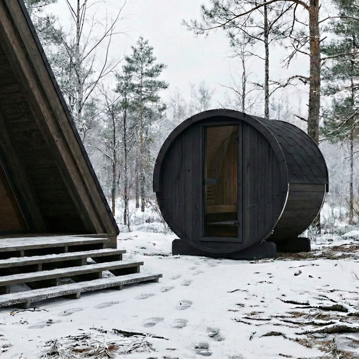SaunaLife E6 Ergo 3-person outdoor barrel sauna in black finish in a snowy forest