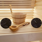 SaunaLife Essentials Set 3 wood sauna bucket and ladle with thermometer and hygrometer