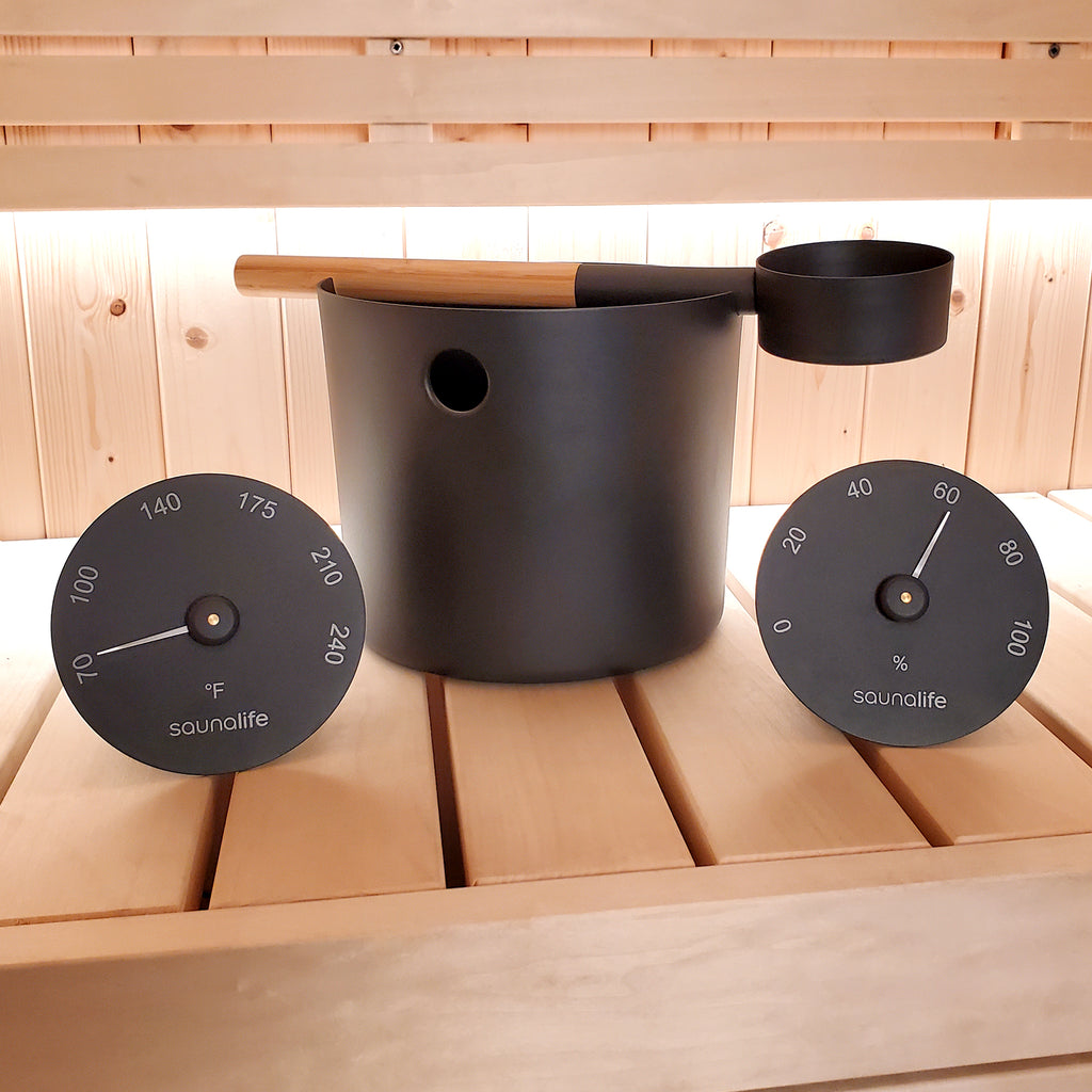 SaunaLife Essentials Set 5 aluminum sauna bucket and ladle with thermometer and hygrometer