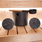 SaunaLife Essentials Set 5 aluminum sauna bucket and ladle with thermometer and hygrometer