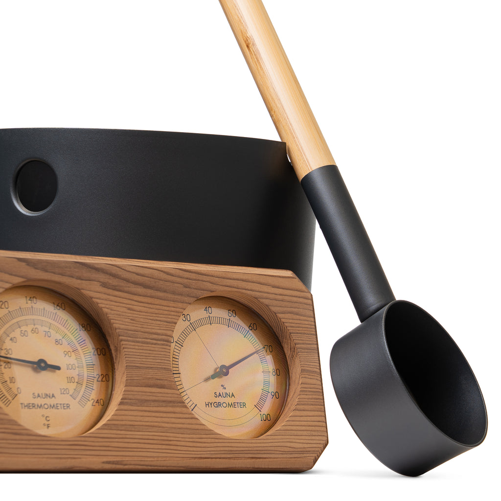 SaunaLife Essentials Set 7 aluminum sauna bucket and ladle with wood thermometer and hygrometer, Black