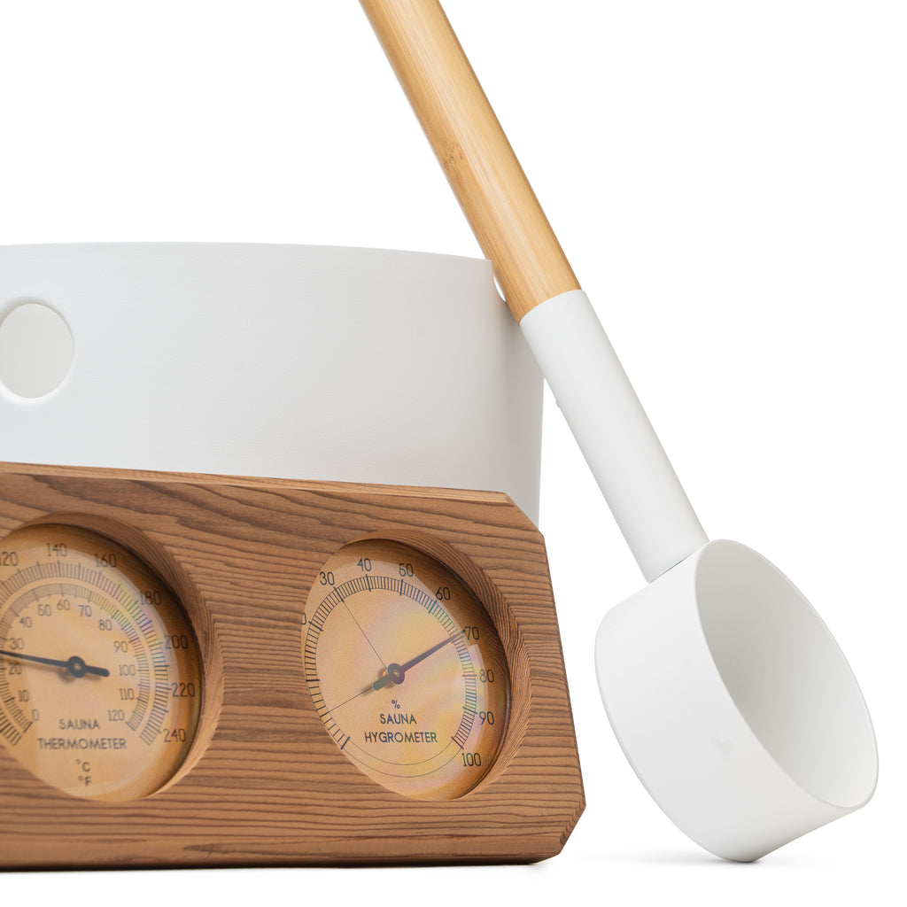 SaunaLife Essentials Set 7 aluminum sauna bucket and ladle with wood thermometer and hygrometer, White