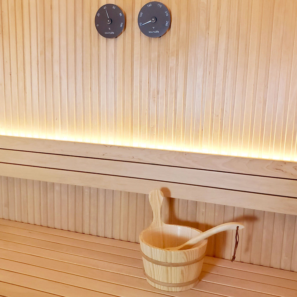 SaunaLife Essentials Set 3 wood sauna bucket and ladle with thermometer and hygrometer