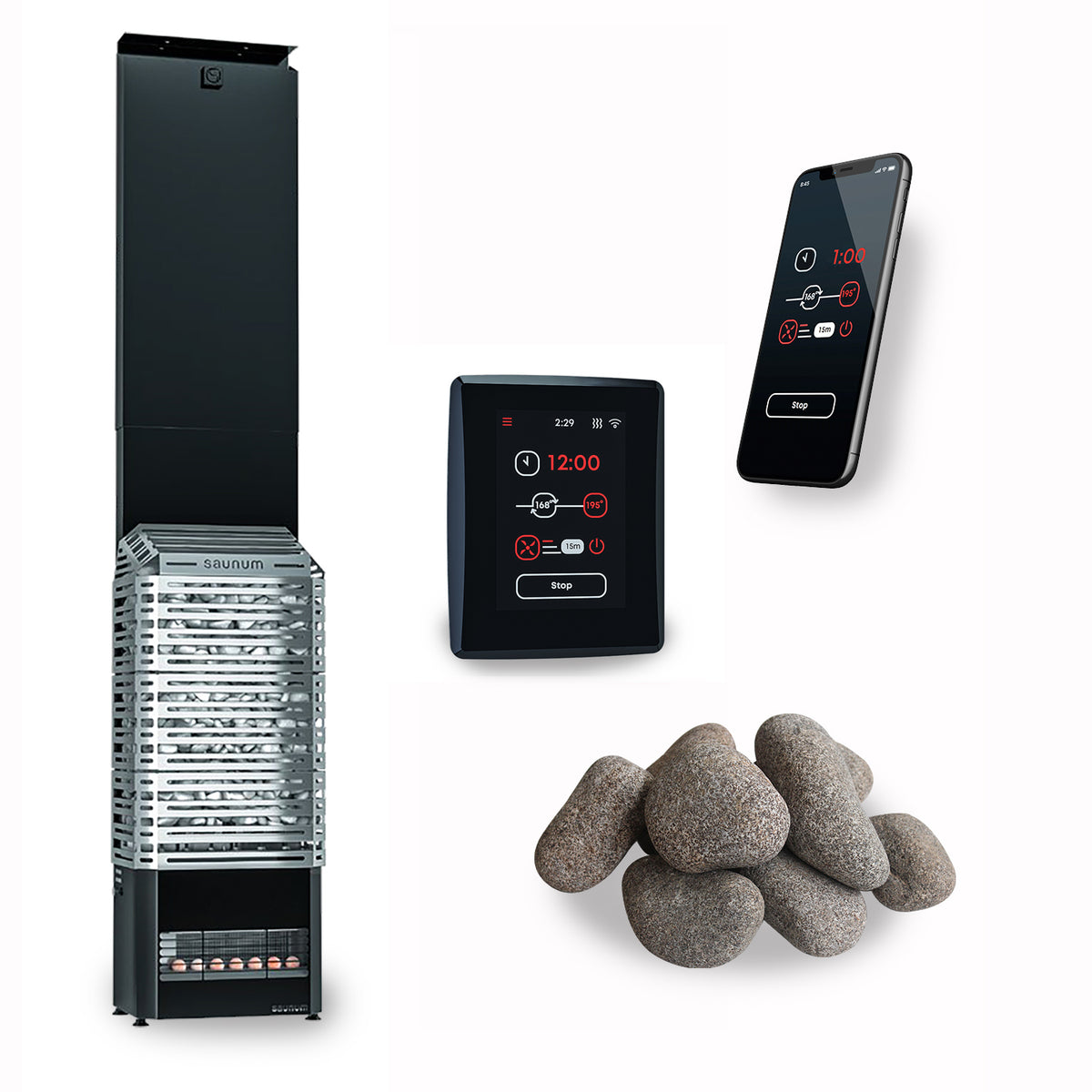 Saunum Air 7 7kW sauna heater package with AirIQ WiFi control and sauna stones, open stone basket