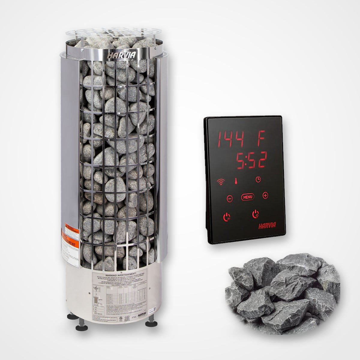 Harvia Cilindro PC110E 10.5kW Sauna Heater with Xenio control panel and sauna stones