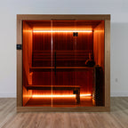 Front view of the Dundalk Leisurecraft Element Studio 4 Person Traditional Indoor Sauna with warm LED lighting