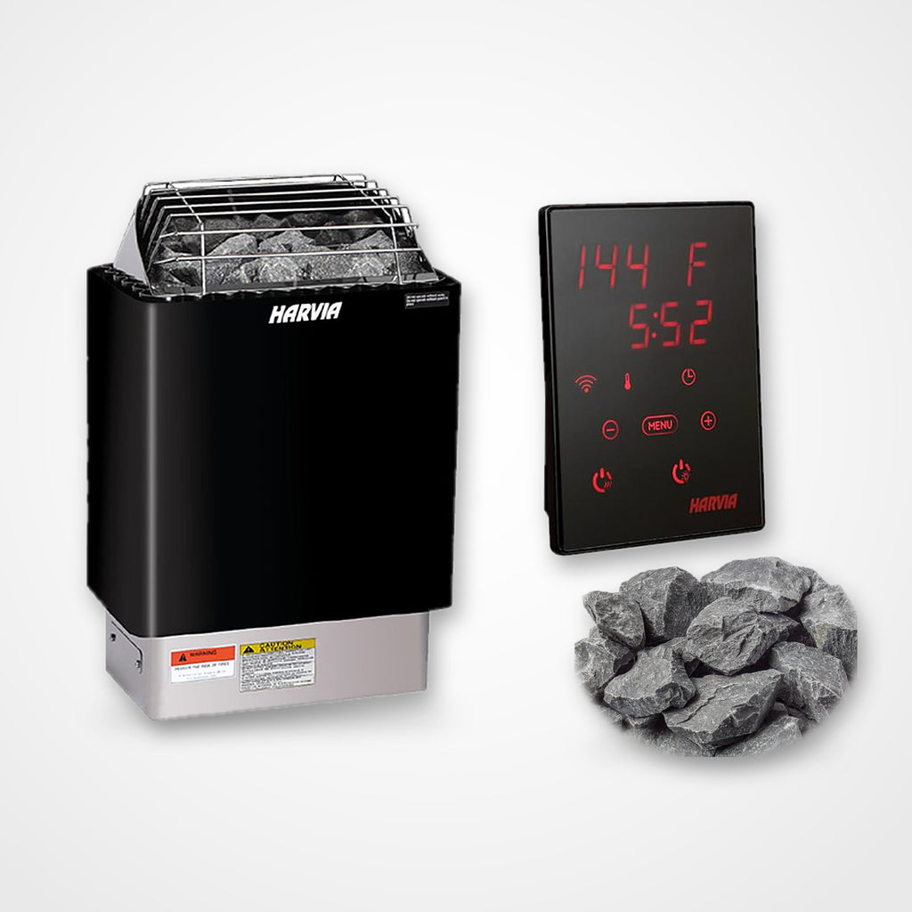Harvia KIP 8kW electric sauna heater in black with Xenio Wi-Fi control and sauna stones