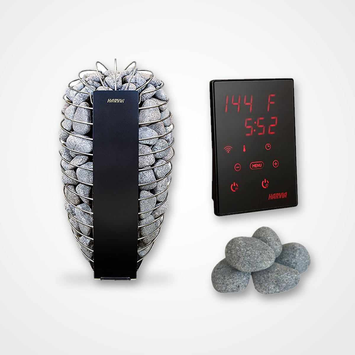 Harvia Spirit 6kW electric sauna heater with Xenio control panel and sauna stones