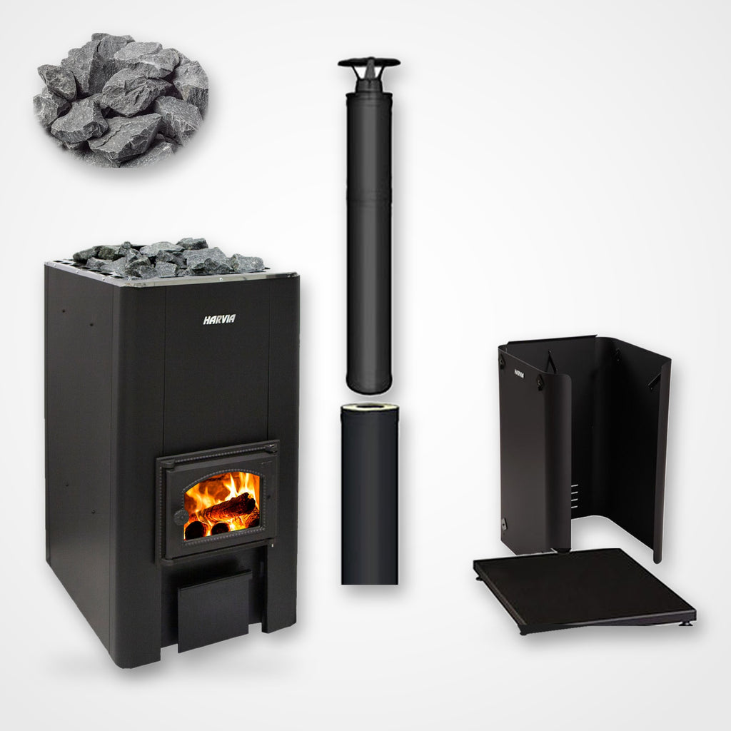 Harvia 50 Series 40kW Wood-Burning Sauna Stove package with black chimney and sauna stones