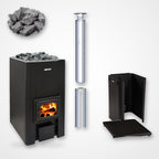Harvia 50 Series 40kW Wood-Burning Sauna Stove package with stainless steel chimney and sauna stones