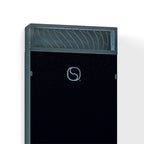 Close-up of the Saunum logo and top air vent on the Saunum AirSolo 70 wall-mounted sauna steam and temperature equalizer
