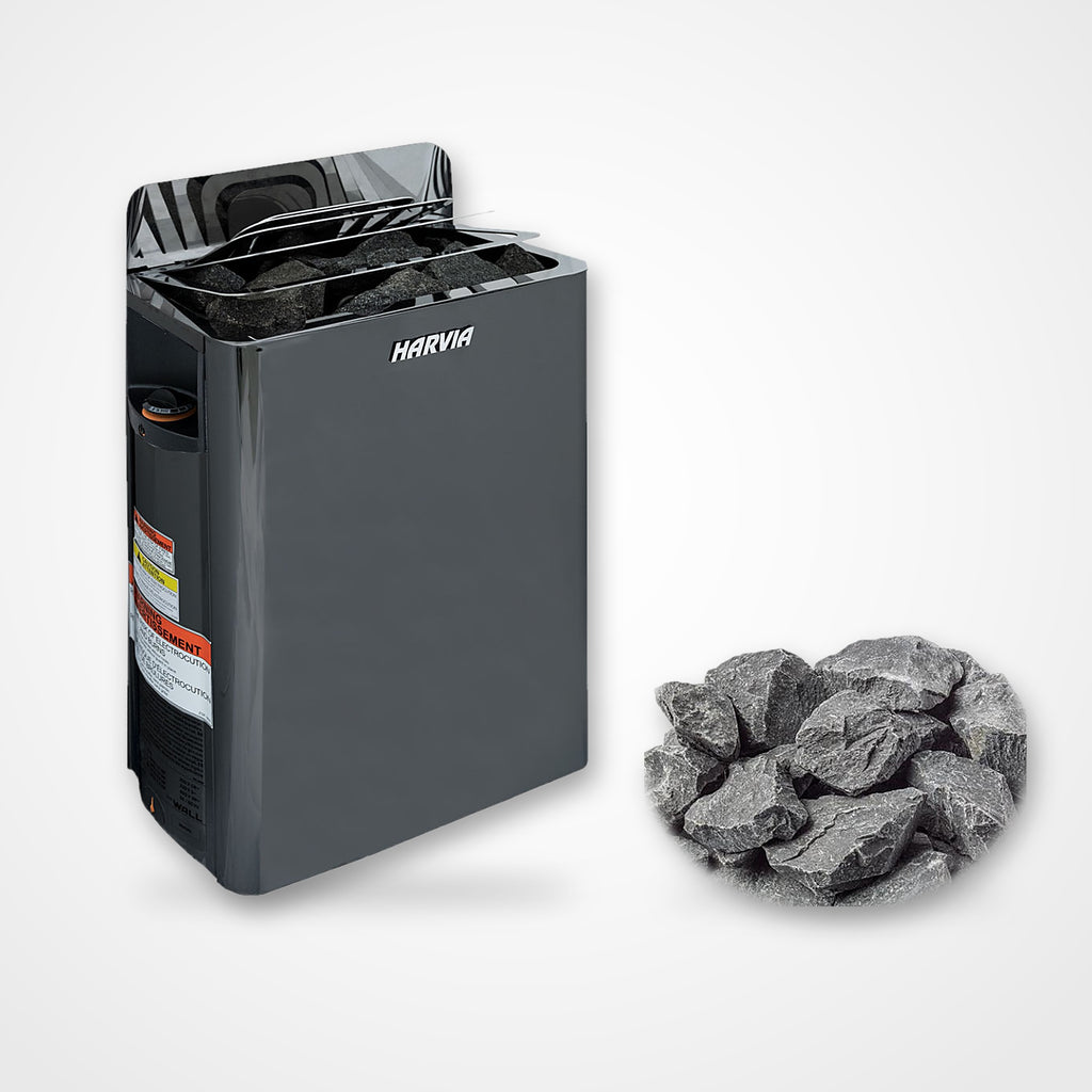 Harvia The Wall 6kW electric sauna heater in black with sauna stones