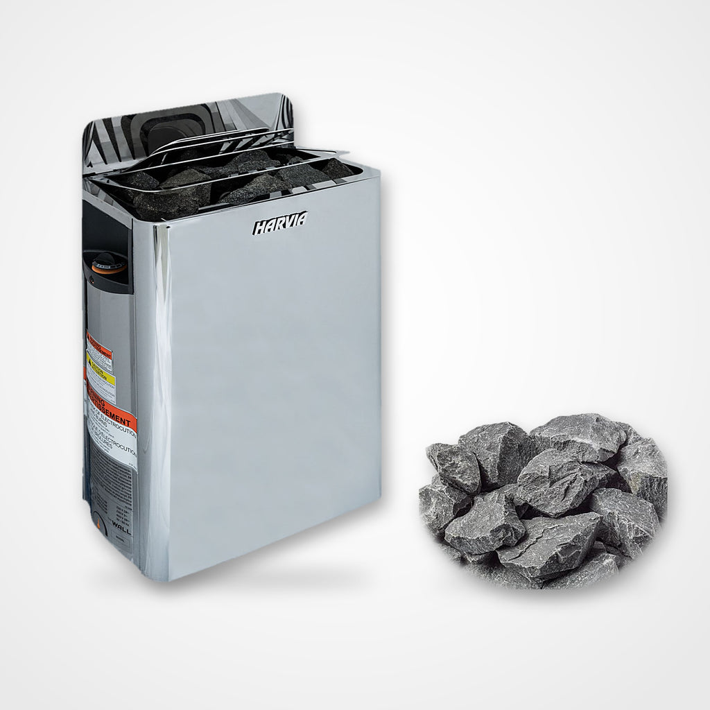 Harvia The Wall 6kW electric sauna heater in stainless steel with sauna stones
