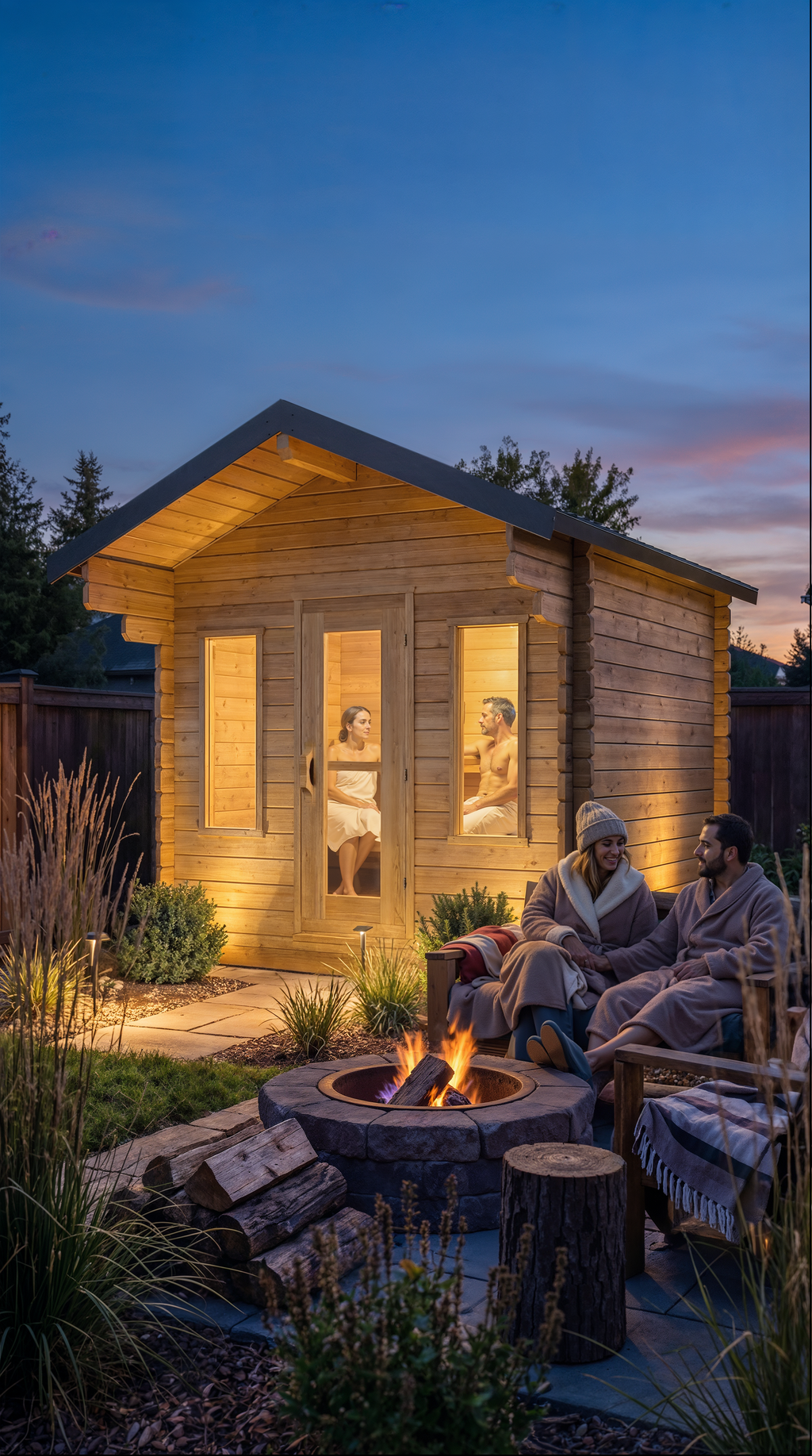 Dundalk CT Palmer 4-Person Outdoor Cabin Sauna at dusk beside a fire pit