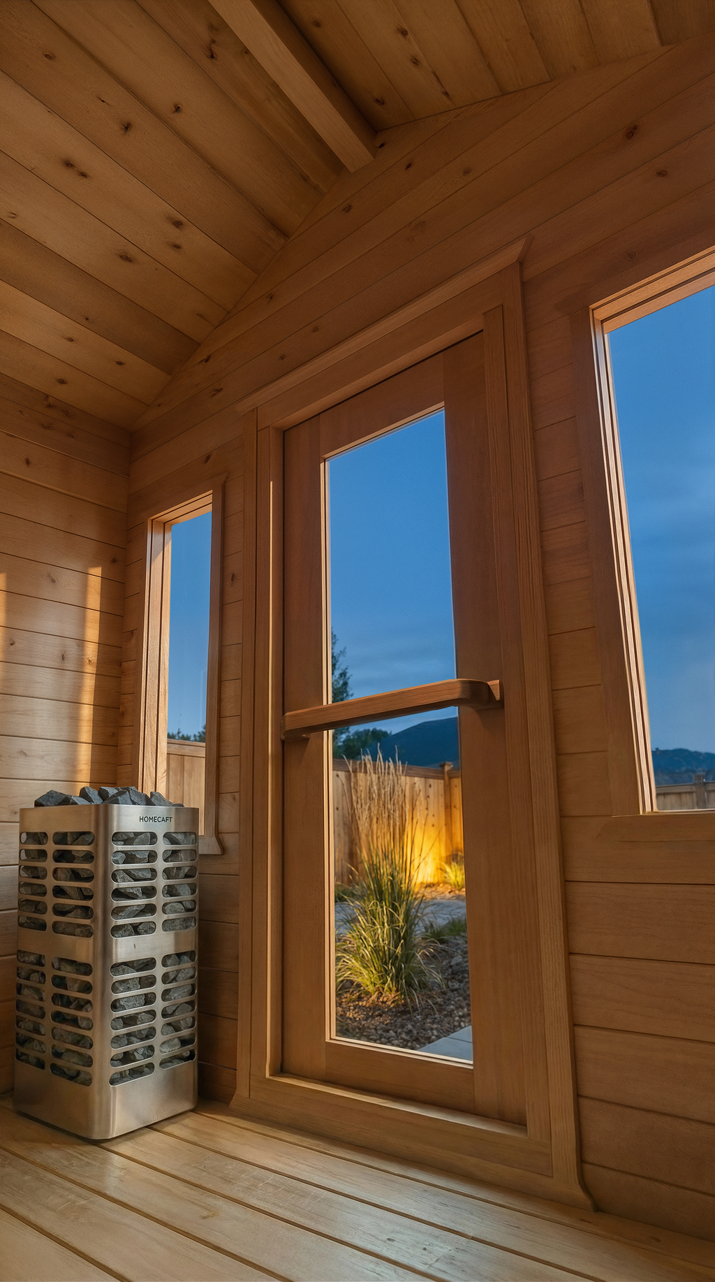 Interior of the Dundalk CT Palmer 4-Person Outdoor Cabin Sauna with heater and windows
