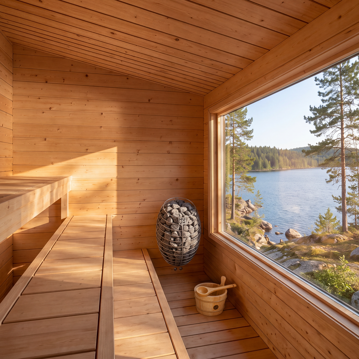 Interior of the Dundalk CT Avalon 4-Person Sauna with heater, wooden bench and lake-view window