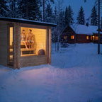 Dundalk CT Avalon 4-Person Sauna glowing at dusk with guests inside on a snowy evening