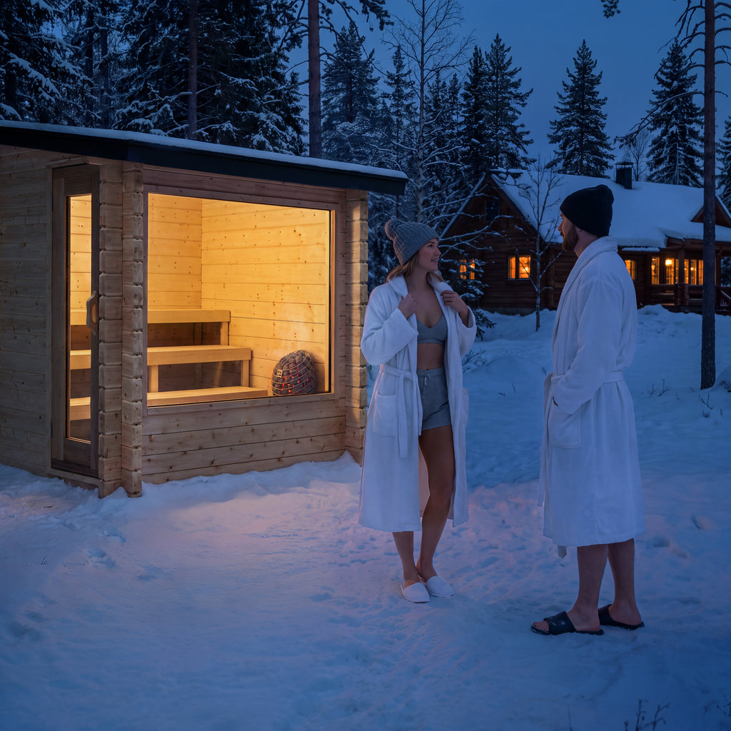 Guests in robes outside the Dundalk CT Avalon 4-Person Sauna on a winter evening