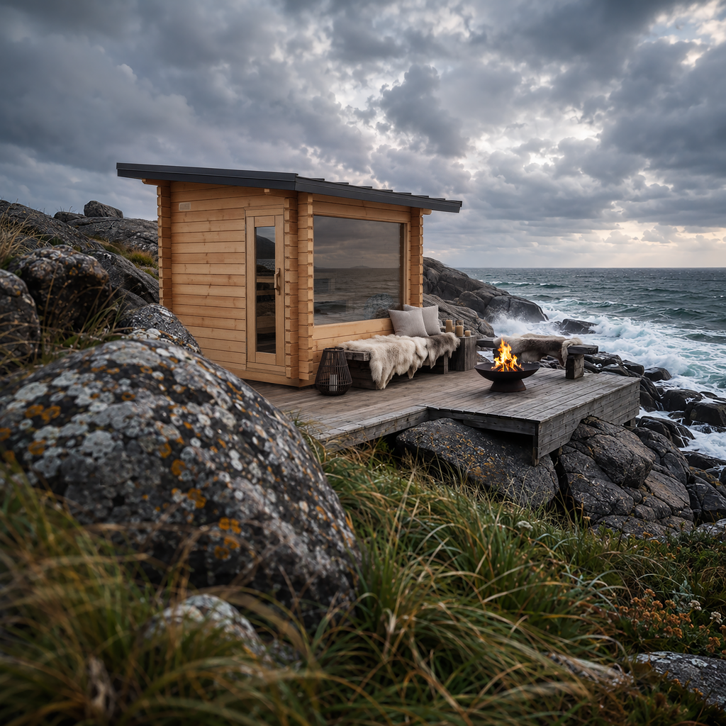 Dundalk CT Avalon 4-Person Sauna outdoors beside the ocean