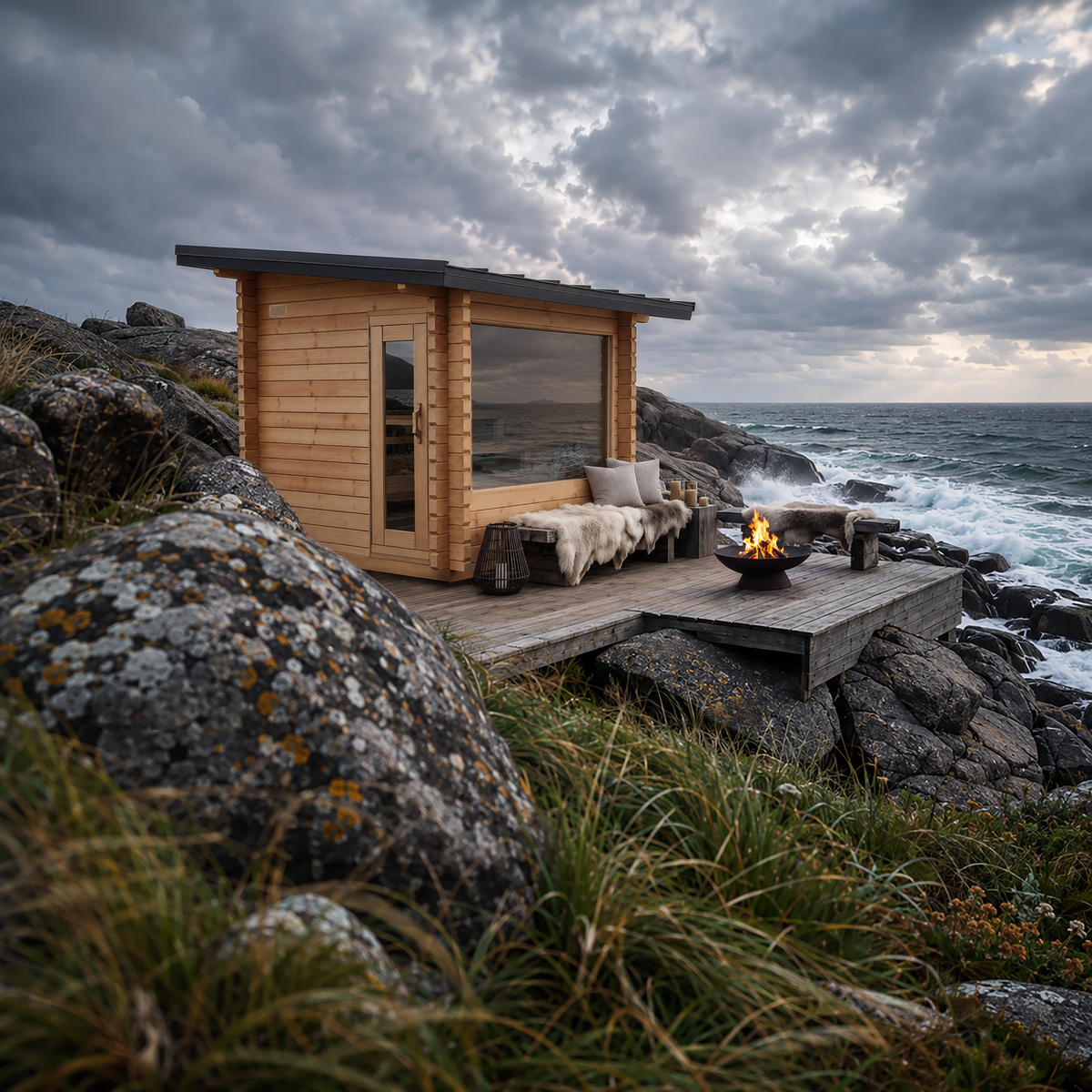 Dundalk CT Avalon 4-Person Sauna outdoors beside the ocean