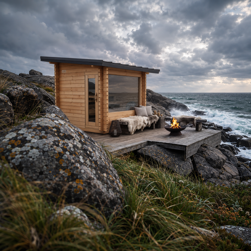 Dundalk CT Avalon 4-Person Sauna outdoors beside the ocean