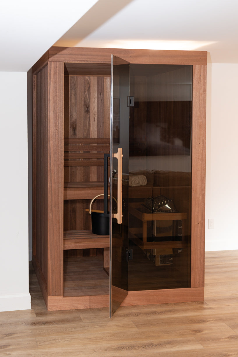Front view of the Dundalk Leisurecraft Element Nook 1-2 Person Traditional Indoor Sauna with the door open