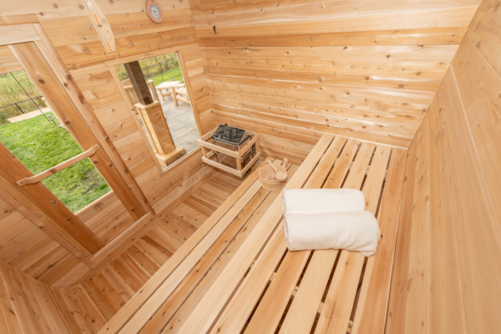 Interior of the Dundalk CT Luna 4-Person Outdoor Sauna with window and benches