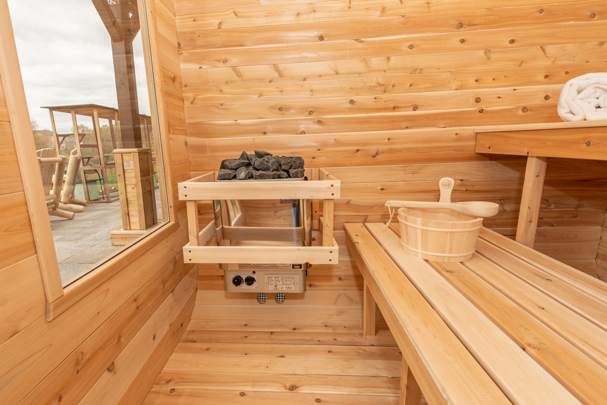 Interior of the Dundalk CT Luna 4-Person Outdoor Sauna with upper and lower benches
