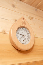 Thermometer and hygrometer on the wall of the Dundalk CT Luna 4-Person Outdoor Sauna