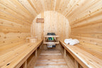 Heater and benches inside the Dundalk CT Harmony 4-Person Outdoor Barrel Sauna