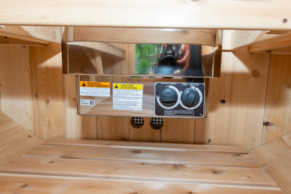 Heater controls inside the Dundalk CT Harmony 4-Person Outdoor Barrel Sauna