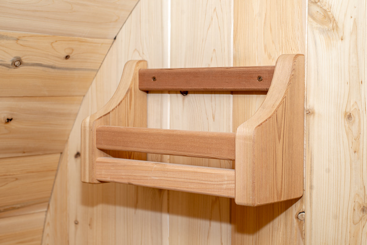 Backrest and headrest detail inside the Dundalk CT Harmony 4-Person Outdoor Barrel Sauna