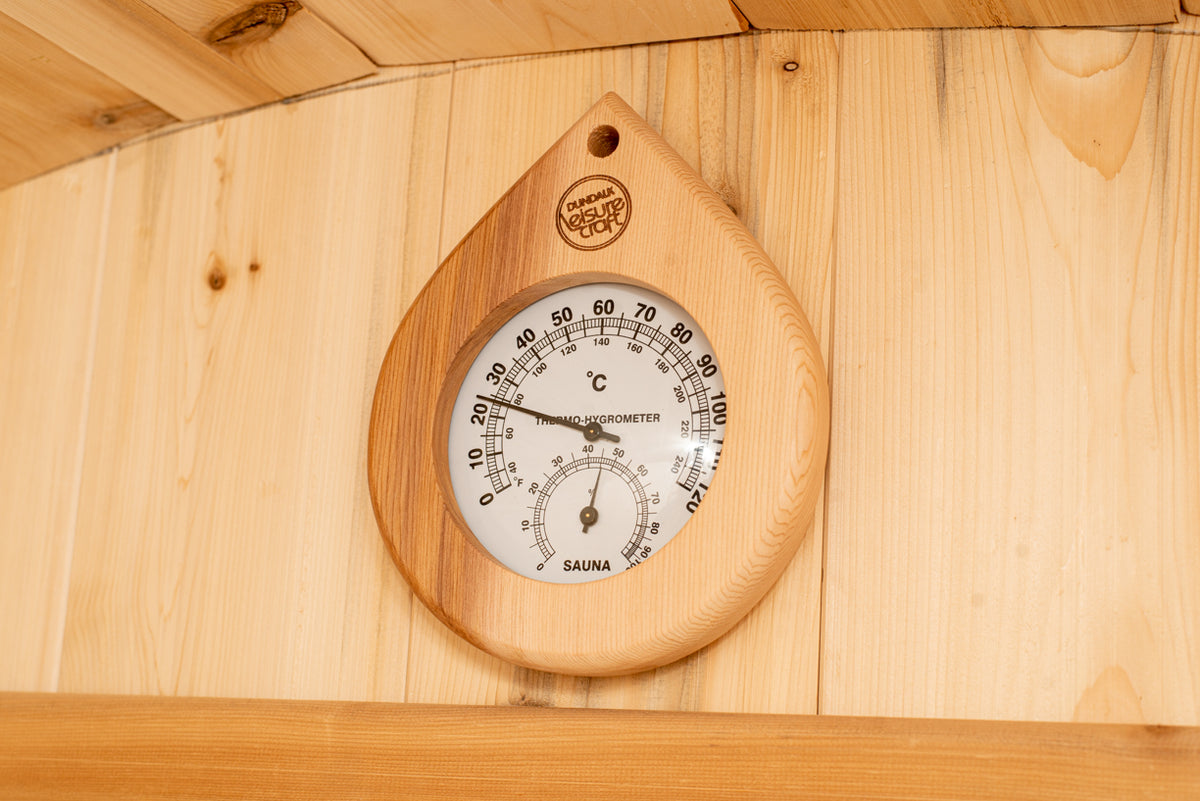 Thermometer and hygrometer inside the Dundalk CT Harmony 4-Person Outdoor Barrel Sauna
