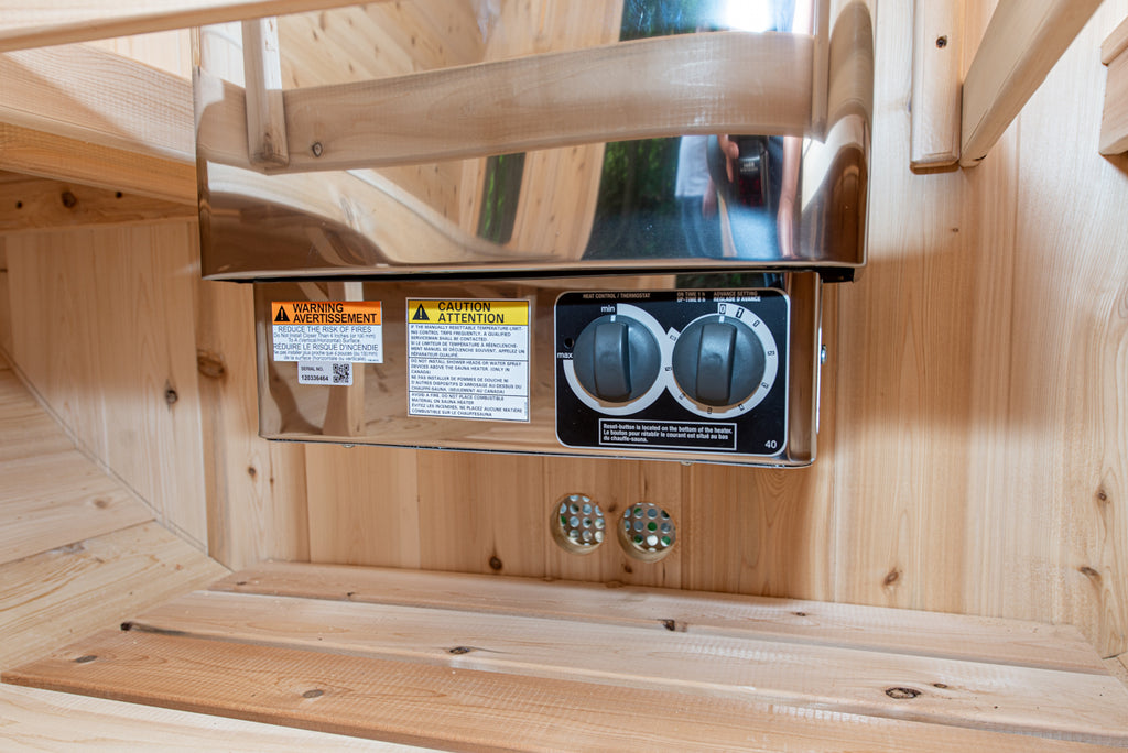 Digital heater controls inside the Dundalk CT Tranquility 6-Person Outdoor Barrel Sauna