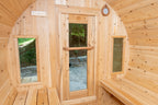 Glass door and windows inside the Dundalk CT Tranquility 6-Person Outdoor Barrel Sauna