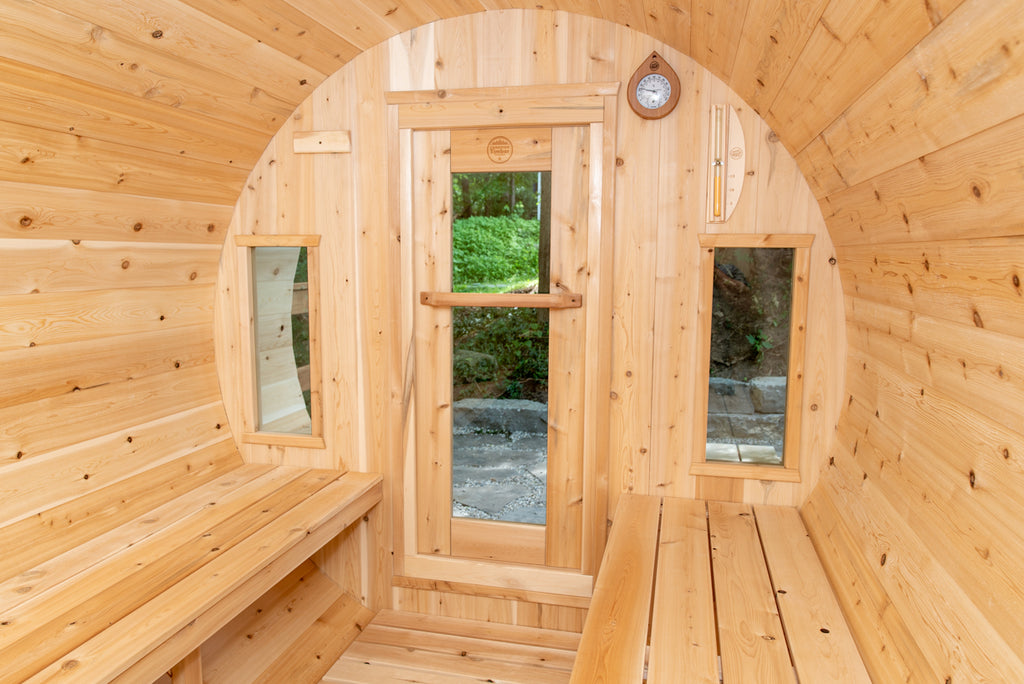 Interior glass door of the Dundalk CT Tranquility 6-Person Outdoor Barrel Sauna