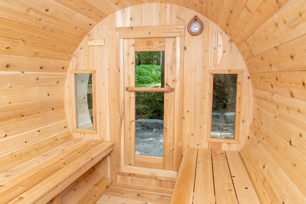 Interior glass door of the Dundalk CT Tranquility 6-Person Outdoor Barrel Sauna