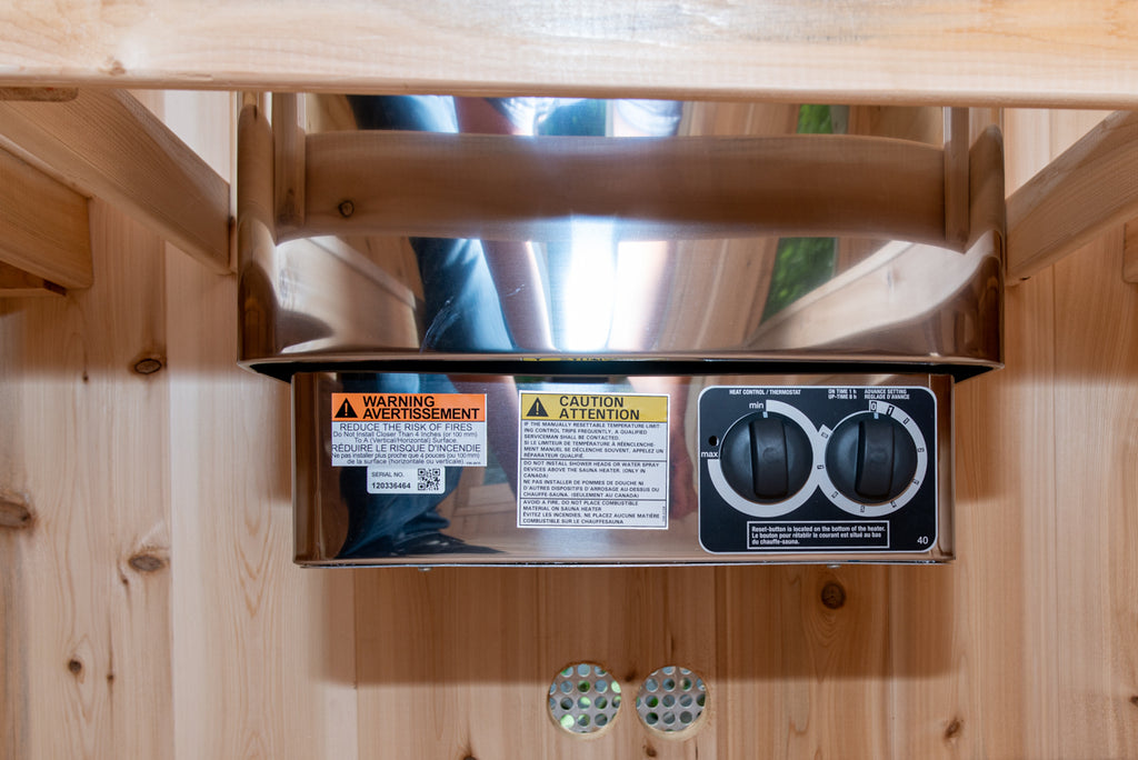 Heater control panel inside the Dundalk CT Tranquility 6-Person Outdoor Barrel Sauna
