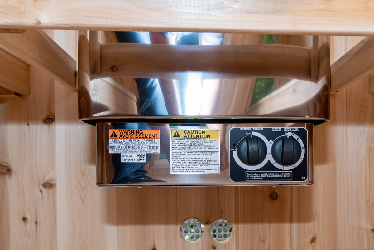 Heater control panel inside the Dundalk CT Tranquility 6-Person Outdoor Barrel Sauna