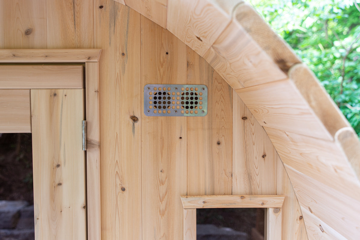 Vent and door detail on the Dundalk CT Tranquility 6-Person Outdoor Barrel Sauna
